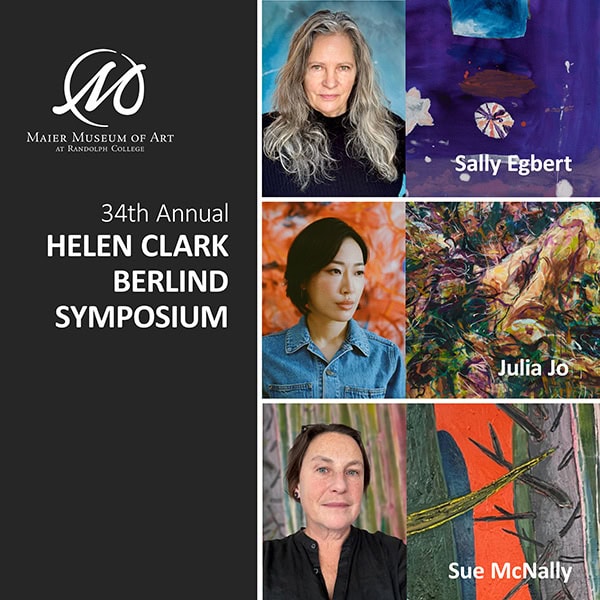 Graphic featuring Maier Museum logo along with headshots of the three artists speaking at the Berlind Symposium: Sally Egbert, Julia Jo, and Sue McNally.