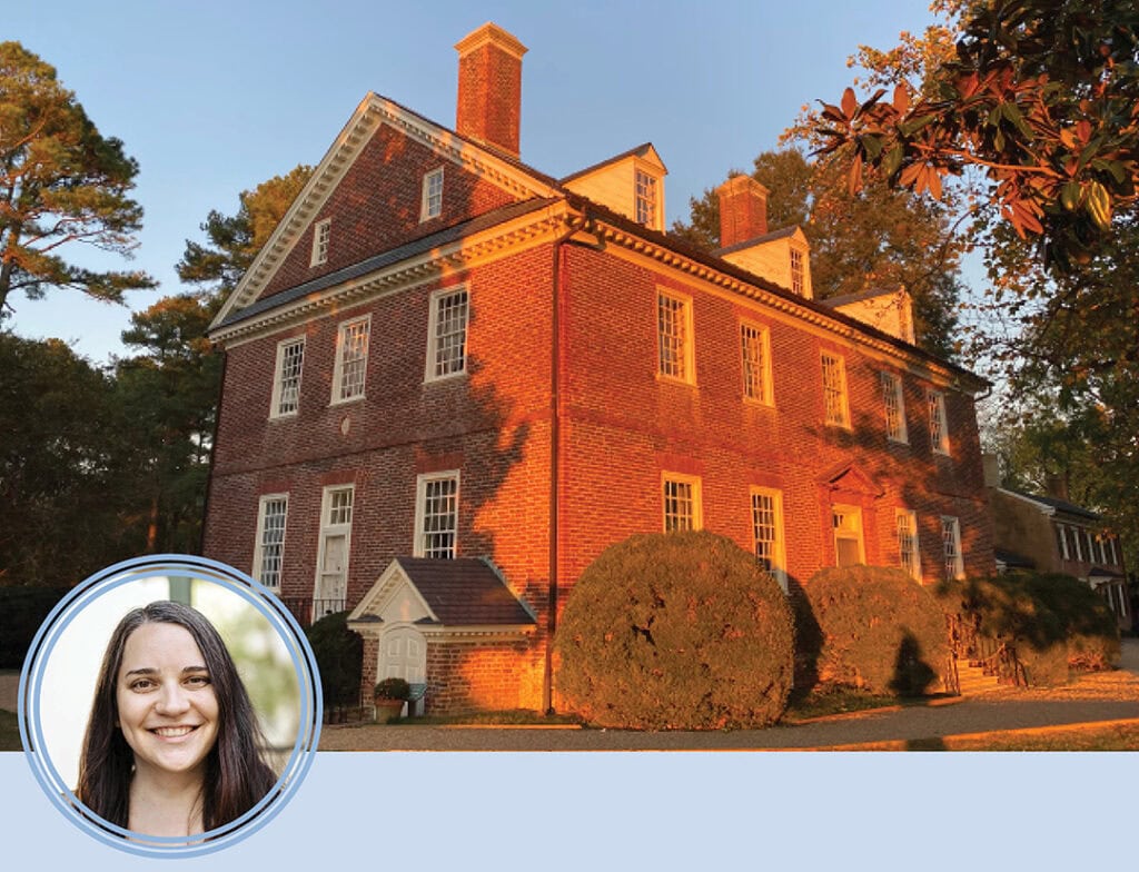 headshot of Kathleen Powers Conti, assistant professor of History, Florida State University, over an image of a brick plantation house.