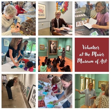 Volunteer at the Maier Museum of Art. Graphic featuring several photographs of volunteers serving in various ways such as leading tours for children and adults, helping to prepare materials for events, and staffing the receptionist desk.